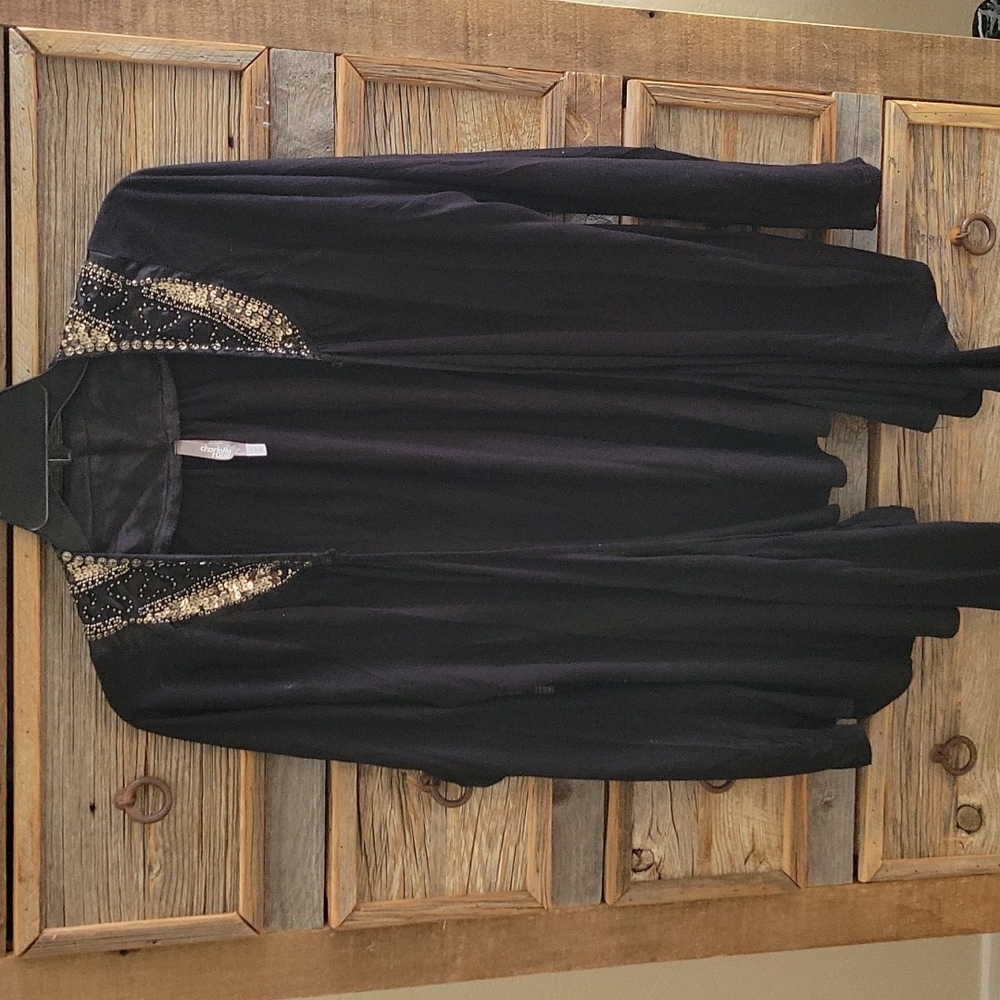 Cardigan, flowing knit sparkle neck line uneven bottom.  Charlotte Russe sz L